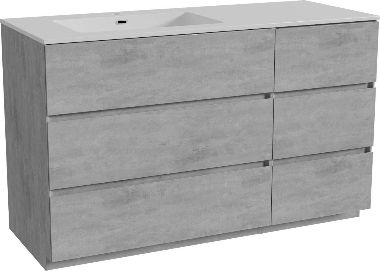 Storke Edge staand badmeubel 130 x 52 cm beton donkergrijs met Diva asymmetrisch linkse wastafel in composietmarmer hoogglans wit