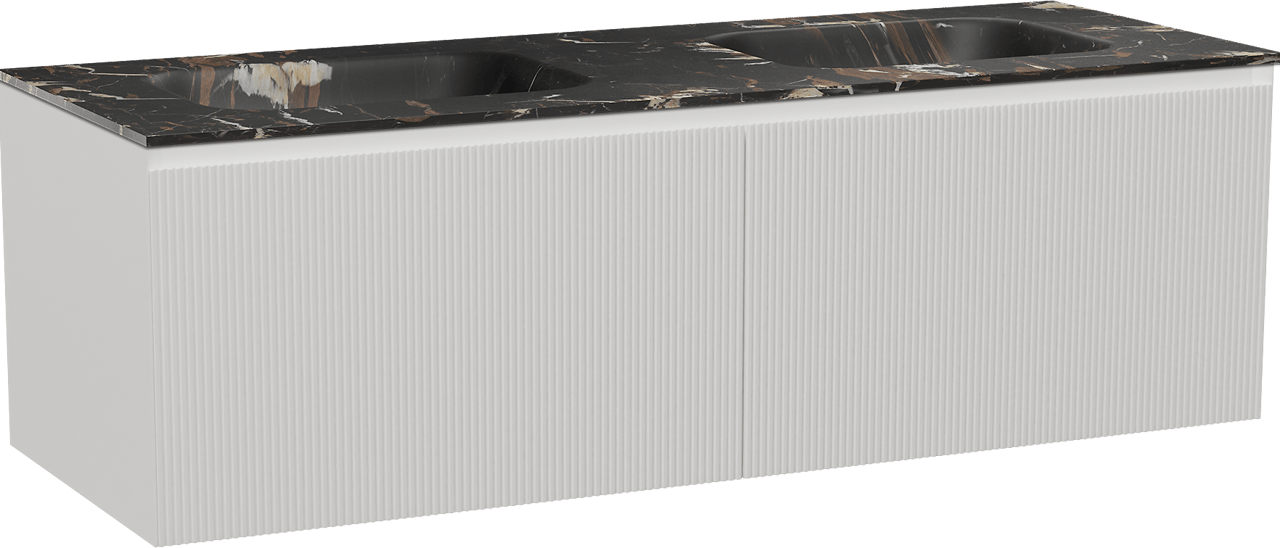 Balmani Fila by Mitra meuble salle de bains suspendu 150 x 55 cm blanc mat avec Tablo Arcato double vasque en marbre portoro gold, Nervure droite symétrique verticale