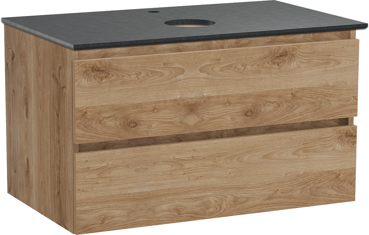Balmani Lucida meuble salle de bains suspendu 90 x 55 cm chêne brut avec Facetta tablette simple en granit noir