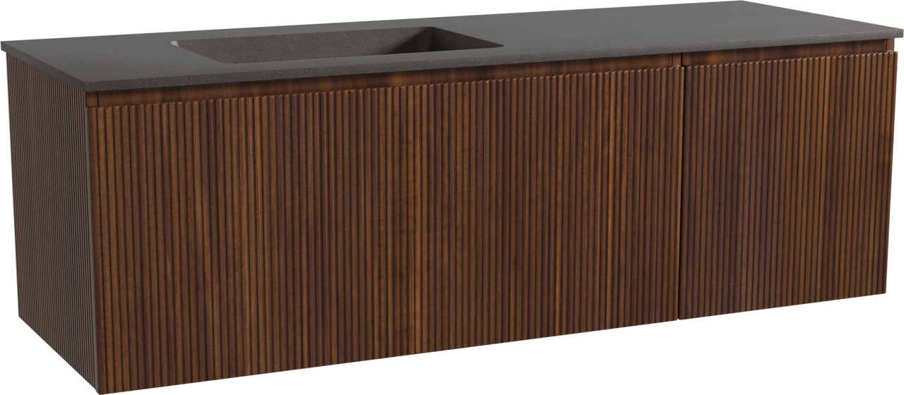 Storke Ribs zwevend badmeubel 150 x 52 cm notenhout met Scuro asymmetrisch linkse wastafel in kwarts mat zwart, Verticale symmetrische rechte ribbel