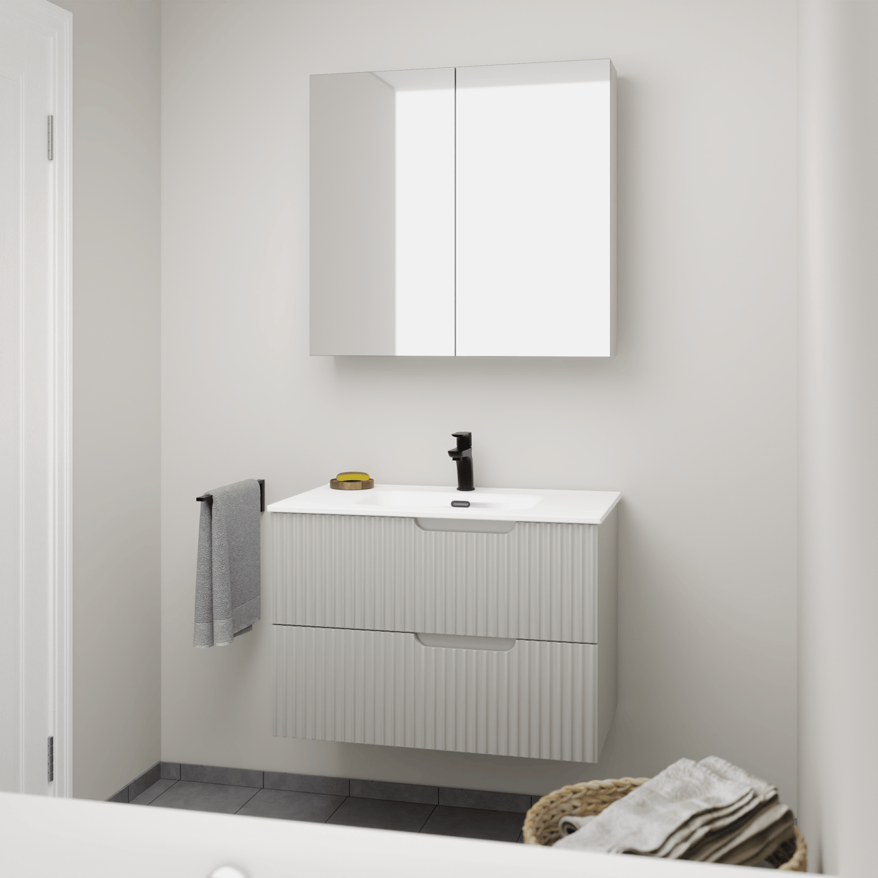 Linie Ribbo zwevend badkamermeubel 80 x 46 cm greige met Baro enkele wastafel in porselein glanzend wit, Verticale symmetrische ronde ribbel en Montro spiegelkast