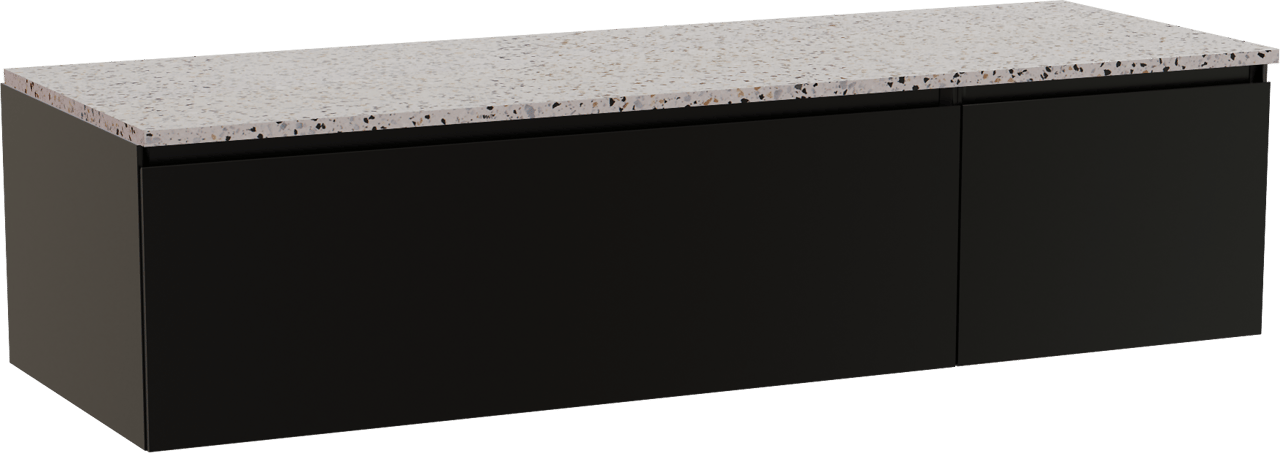Storke Edge zwevend badkamermeubel 150 x 52 cm mat zwart met Tavola enkel of dubbel tablet in mat wit/zwart terrazzo