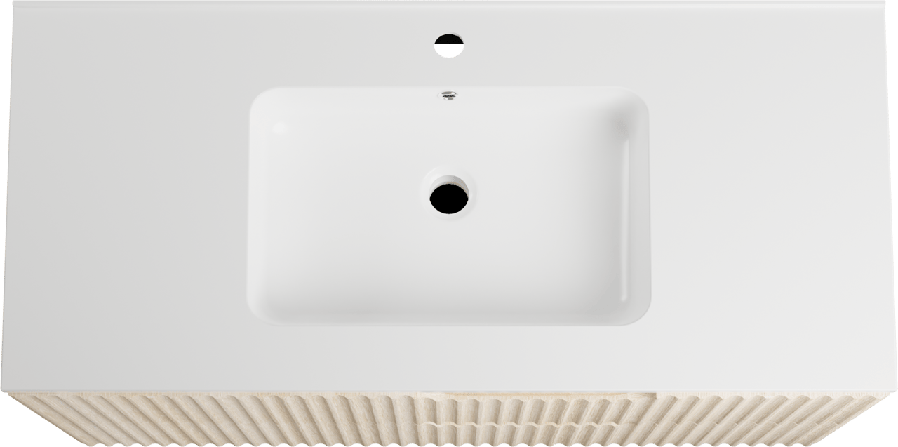 Linie Ribbo zwevend badkamermeubel 100 x 46 cm lichte eik met Vano enkele wastafel in composietmarmer glanzend wit, Verticale symmetrische ronde ribbel