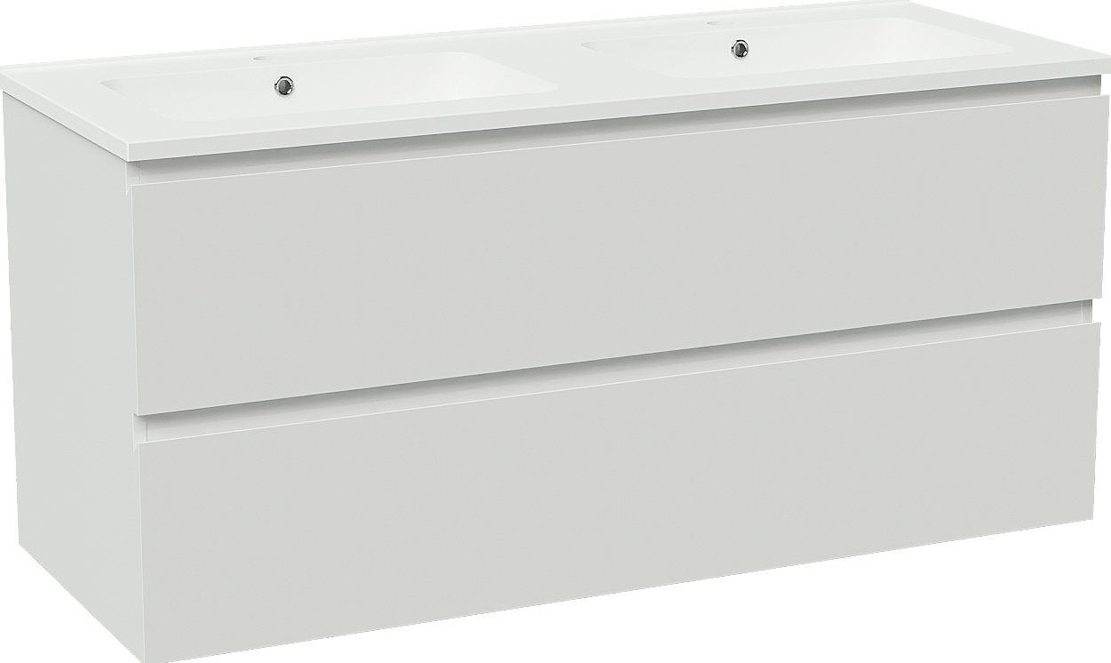 Linie Lado meuble salle de bains suspendu 120 x 46 cm blanc brillant avec Vano double vasque en marbre composite blanc mat
