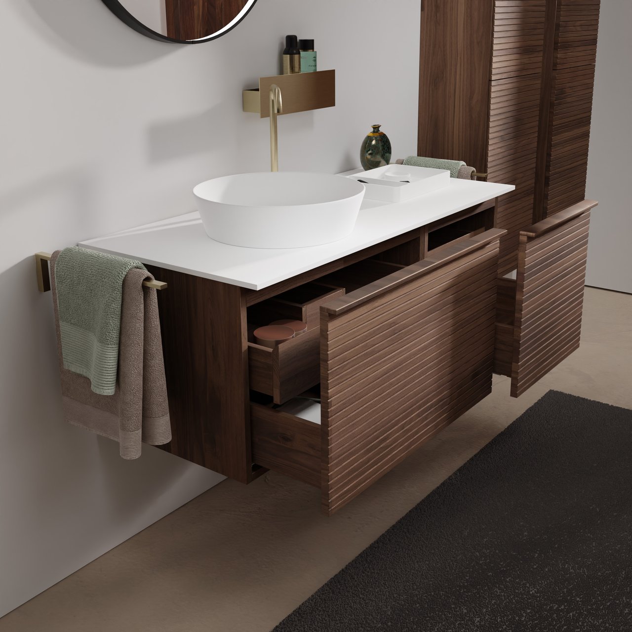 Balmani Forma zwevend badmeubel 120 x 55 cm amerikaans notenhout met Stretto enkel of dubbel wastafelblad in solid surface mat wit, Horizontale symmetrische rechte ribbel