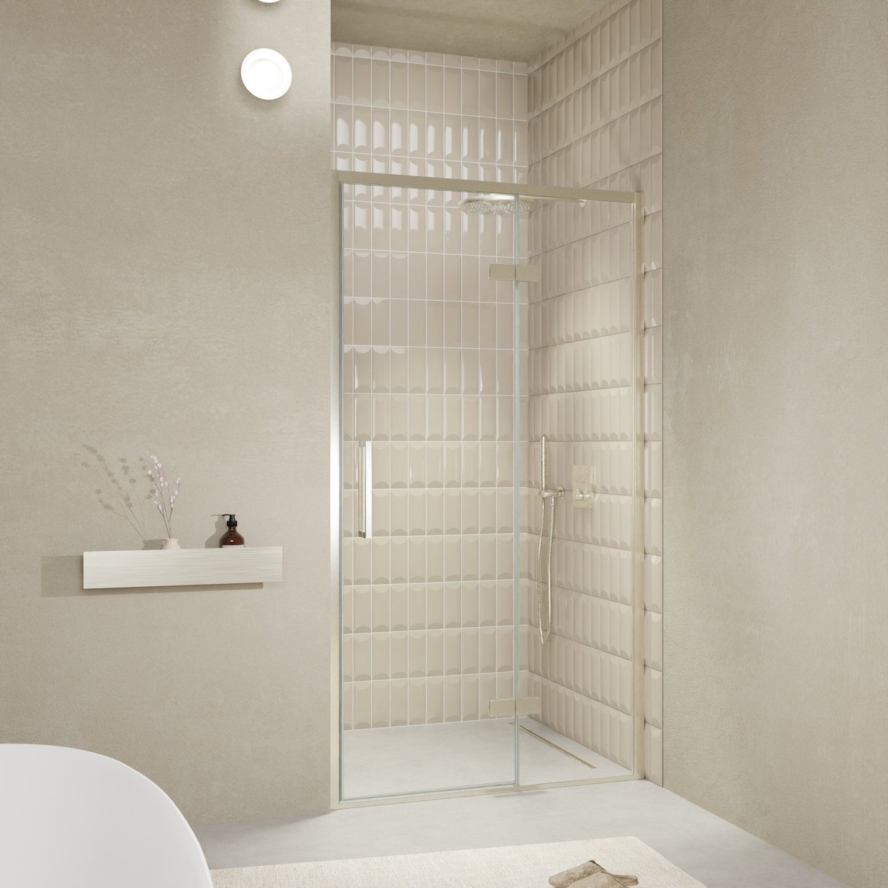 Balmani Senses Design porte pivotante à droite 120 cm x 210 cm verre transparent, Profil Brushed CoolMetal, coating inclus
