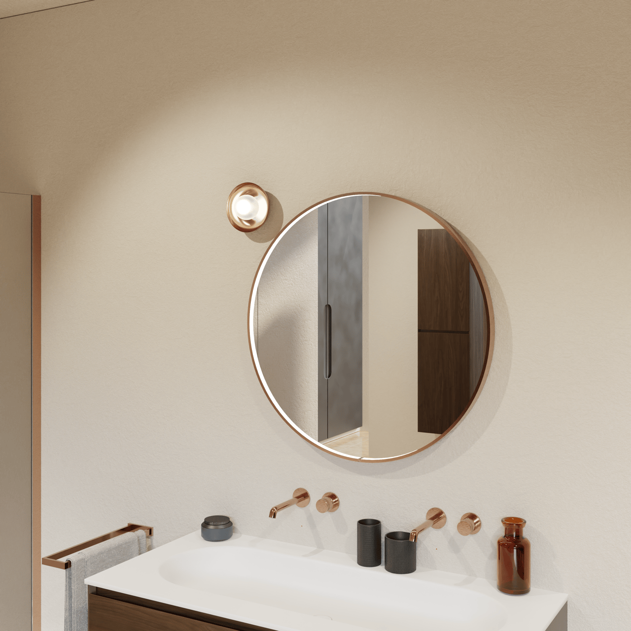 Balmani Secret rond badkamerspiegel Brushed RoseGold Ø 80 cm met spiegelverlichting en anti-damp