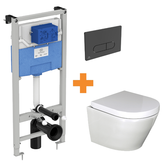 Luca Varess Calibro WC suspendu blanc brillant sans bride compact avec bâti-support et Ideal Standard Oleas M1 noir mat plaque de commande gratuit
