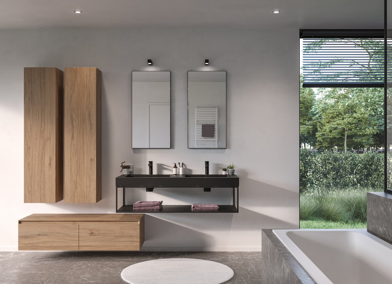 Storke Edge Modulo zwevende wastafelonderkast 130 x 48 cm ruwe eik 2 lades