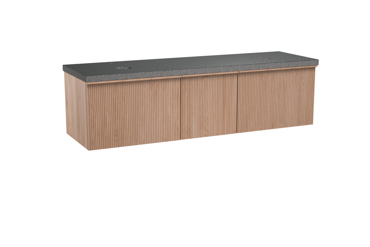 Balmani Forma zwevend badmeubel 180 x 55 cm naturel eiken met Rock dubbel wastafelblad in zwart graniet, Verticale symmetrische rechte ribbel