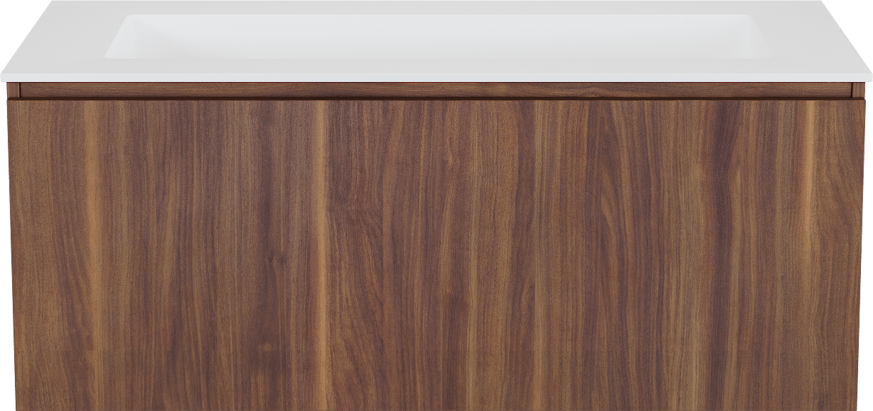 Balmani Sfera by Lucida zwevend badkamermeubel 120 x 55 cm amerikaanse notelaar met Tablo Stretto enkele wastafel voor 2 kraangaten in solid surface mat wit