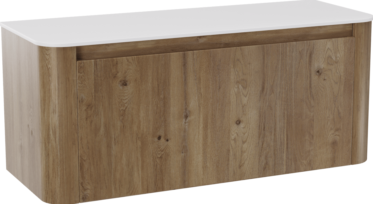Storke Soft meuble salle de bains suspendu 120 x 46 cm chêne brut avec Tavola Soft tablette simple ou double vasque en Solid Surface blanc mat