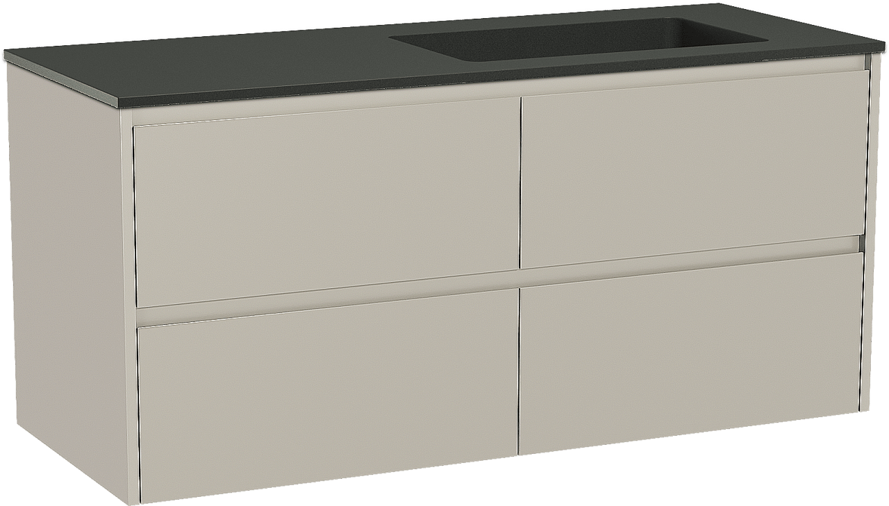 Storke Seda zwevend badkamermeubel 130 x 52 cm zijdegrijs met Scuro asymmetrisch rechtse wastafel in kwarts mat zwart