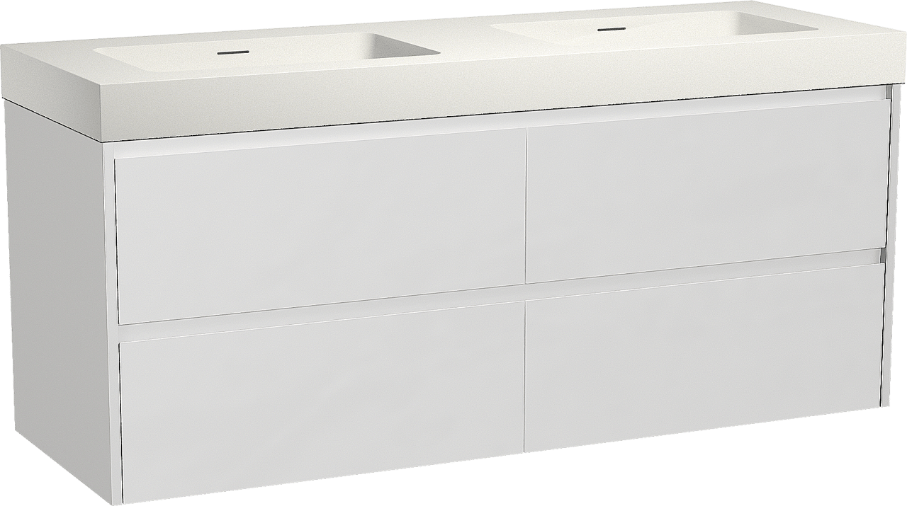 Storke Seda zwevend badkamermeubel 150 x 52 cm mat wit met Mata High dubbele wastafel in solid surface mat wit