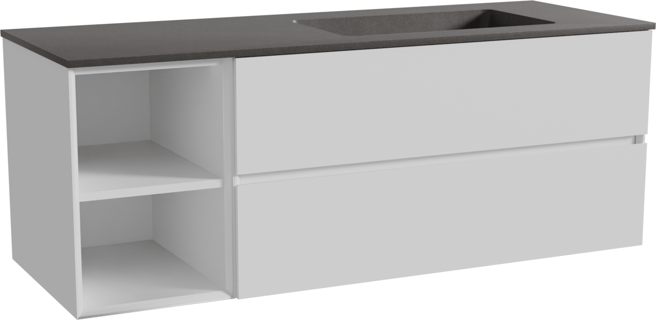 Storke Edge meuble salle de bains suspendu 140 x 52 cm blanc mat avec Scuro plan vasque asymétrique à droite en quartz noir mat