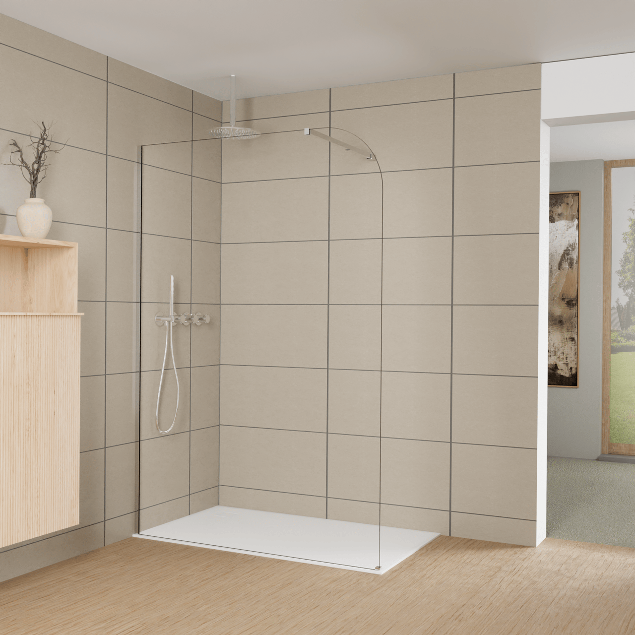 Balmani Modular douche à l'italienne: 140 x 200 cm, Verre transparent arrondi, avec coating, Profil Chrome brillant
