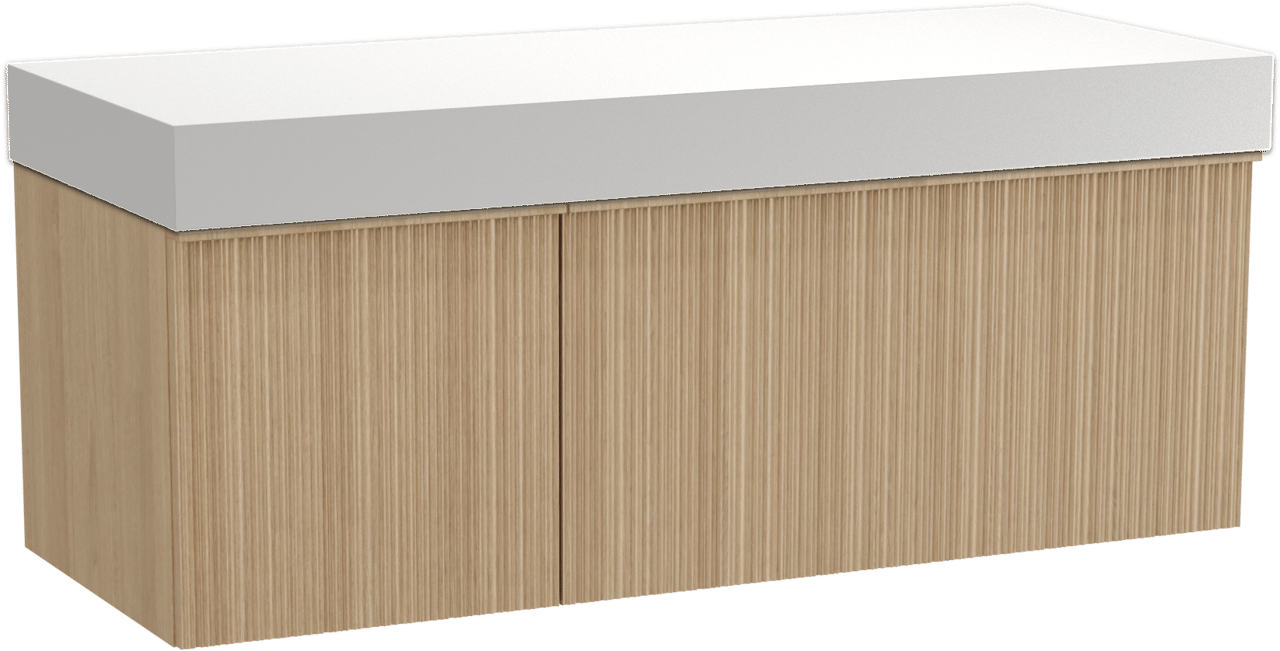 Balmani Forma hängendes Möbelstück Set: 135 x 55 cm, Naturbelassene Eiche, mit Dominus Einzel- oder Doppel Waschtischplatte, Solid Surface, Weiß matt, Vertikale asymmetrische Runde Rippe