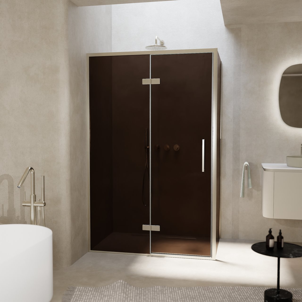 Balmani Senses Design douche en coin avec porte pivotante à gauche et paroi latérale fixe, 120 x 90 cm, Bronze, Profil Brushed CoolMetal, coating inclus