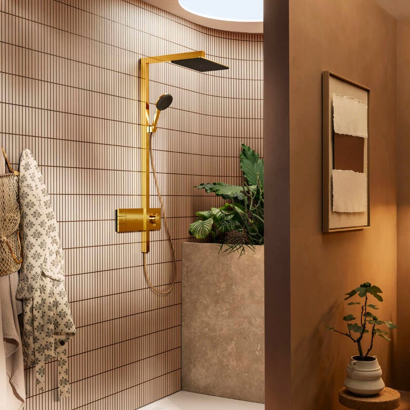 Hansgrohe Raindance Alive Q Showerpipe colonne de douche pluie 210/340 2 fonctions de jet avec Ecosmart Showerselect Comfort polished gold optic