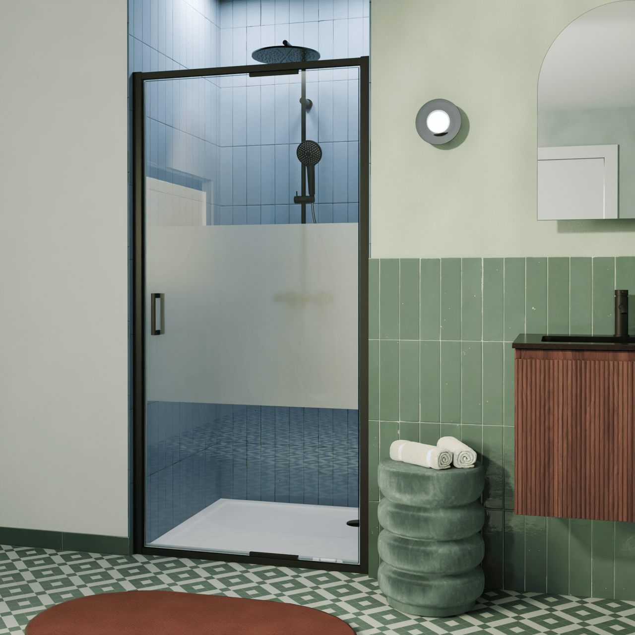Luca Varess Vidor In Dusche Drehtür 80 cm x 190 cm Klarglas mit mattiertiem Streifen matt Schwarz profil