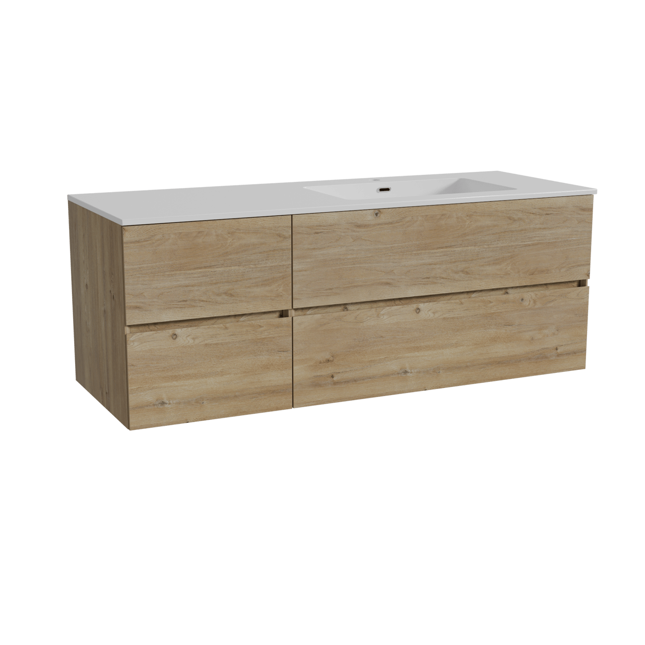 Storke Edge zwevend badmeubel 140 x 52 cm ruw eiken met Diva asymmetrisch rechtse wastafel in composietmarmer hoogglans wit