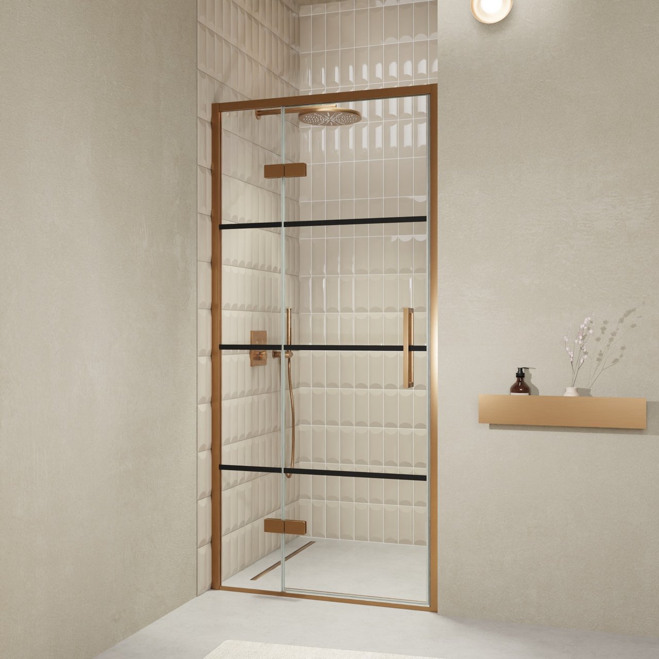 Balmani Senses Design douche draaideur links 100 cm x 210 cm Lined glas, Brushed Rosegold profielen, met coating