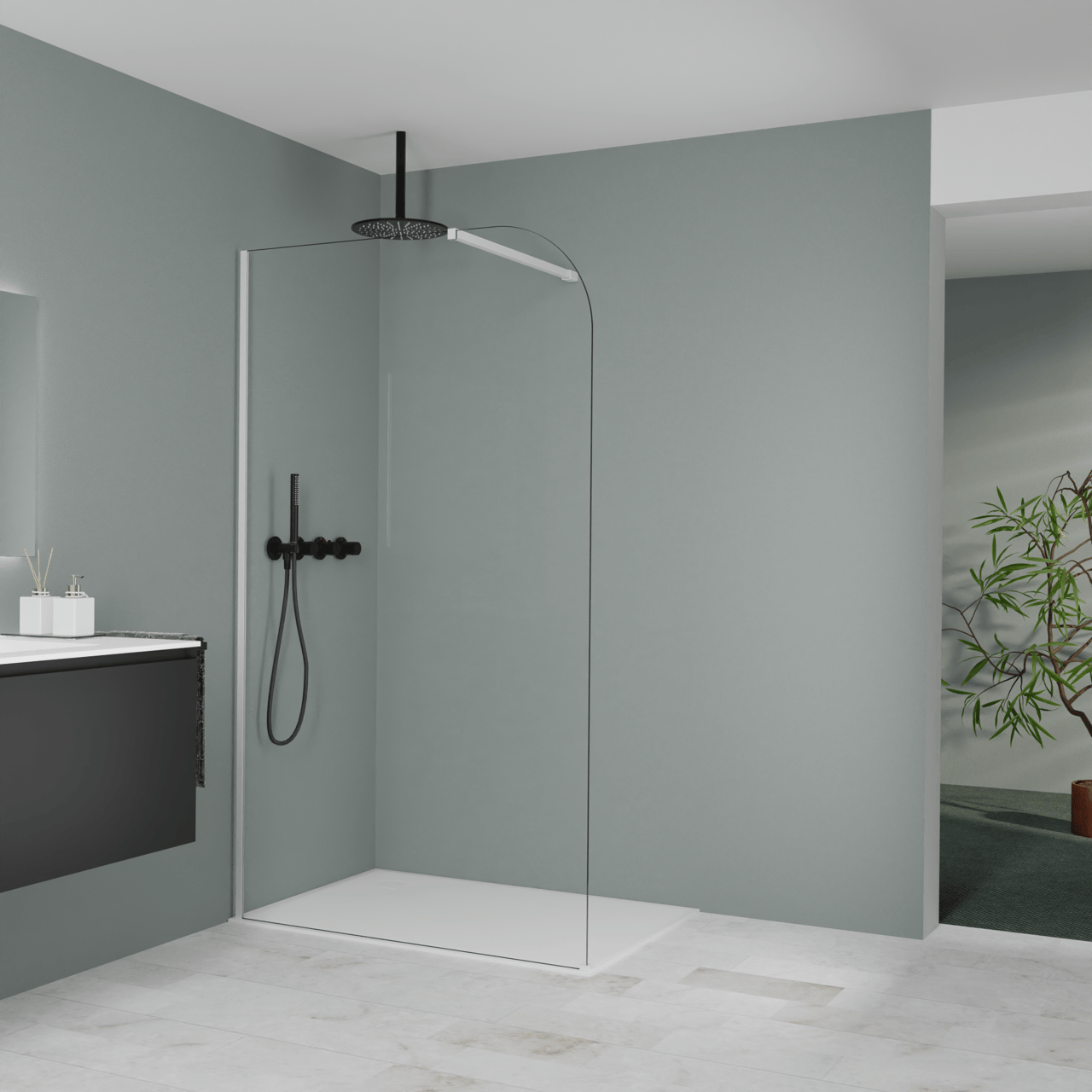 Balmani Modular douche à l'italienne: 120 x 200 cm, Verre transparent arrondi, avec coating, Profil Blanc mat