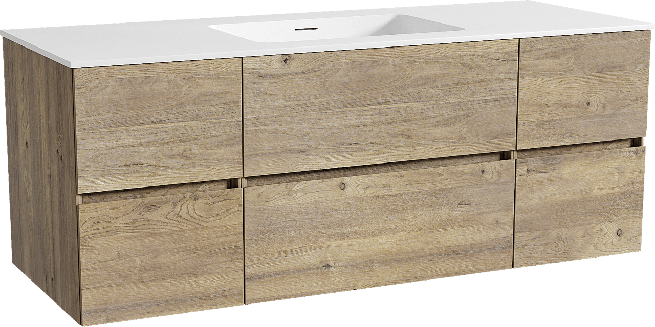 Storke Edge zwevend badkamermeubel 135 x 52 cm ruwe eik met Mata enkele wastafel in solid surface mat wit