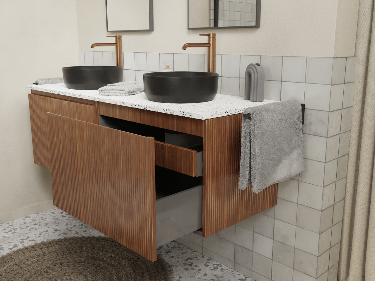 Storke Ribs meuble sous-lavabo suspendu 75 x 52 cm noyer 2 tiroirs