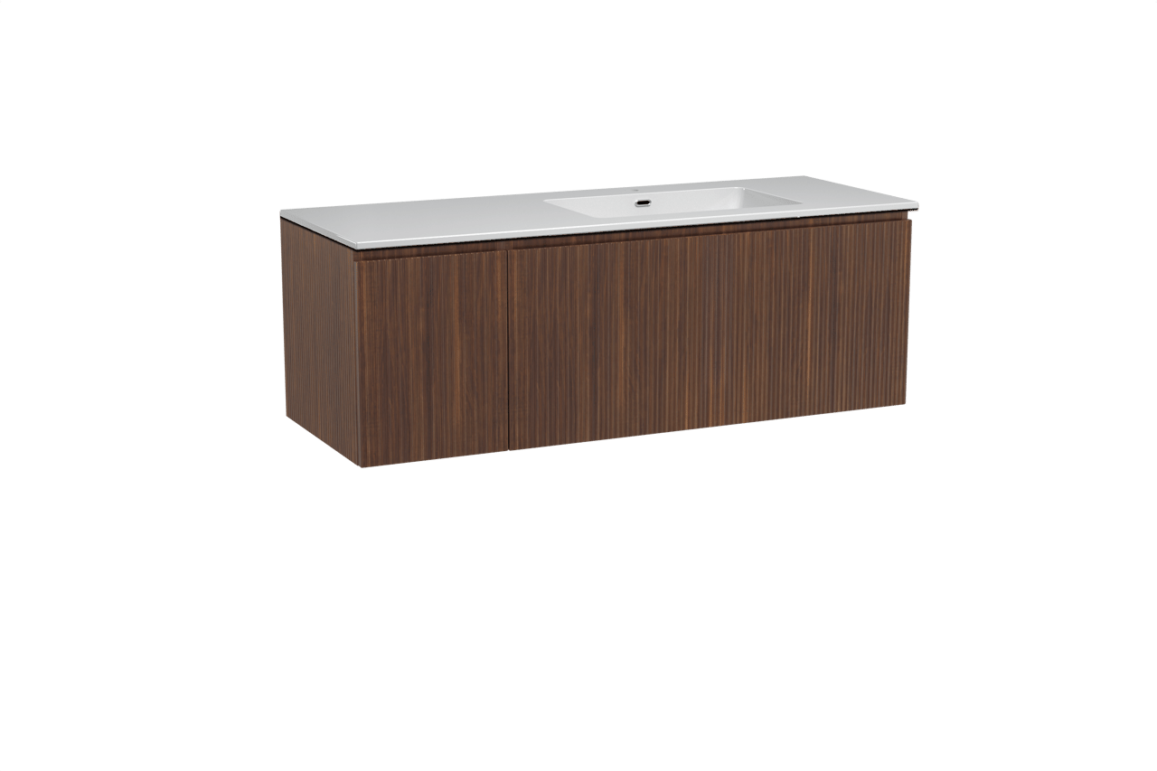 Storke Ribs zwevend badkamermeubel 140 x 52 cm notelaar met Diva asymmetrisch rechtse wastafel in composietmarmer glanzend wit, Verticale symmetrische rechte ribbel