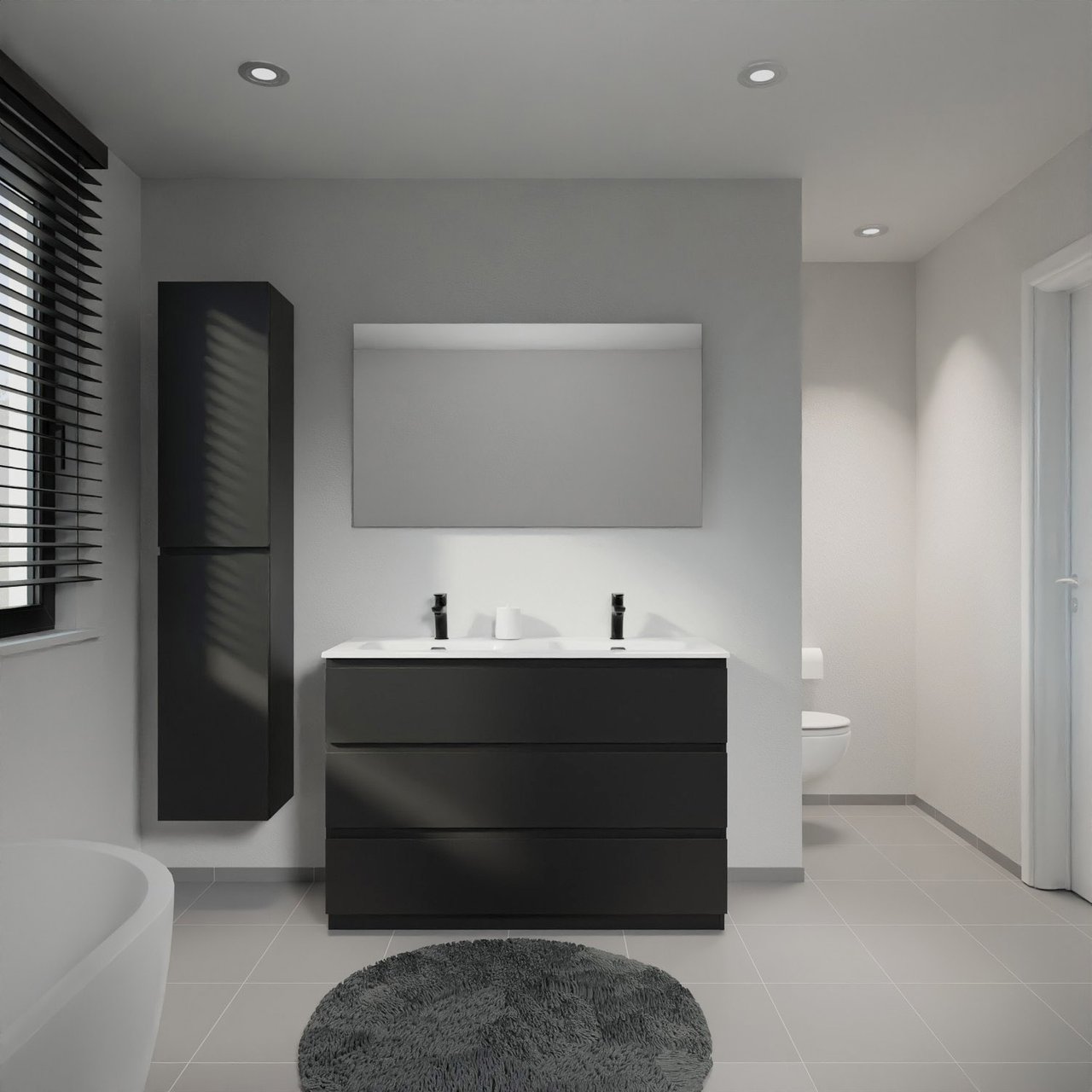 Linie Lado meuble salle de bains à poser 120 x 46 cm noir mat avec Baro double vasque en porcelaine blanc brillant