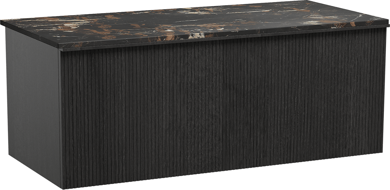 Balmani Forma zwevend badmeubel 120 x 55 cm zwart eiken met Stretto enkel wastafelblad in marmer portoro gold, Verticale symmetrische rechte ribbel