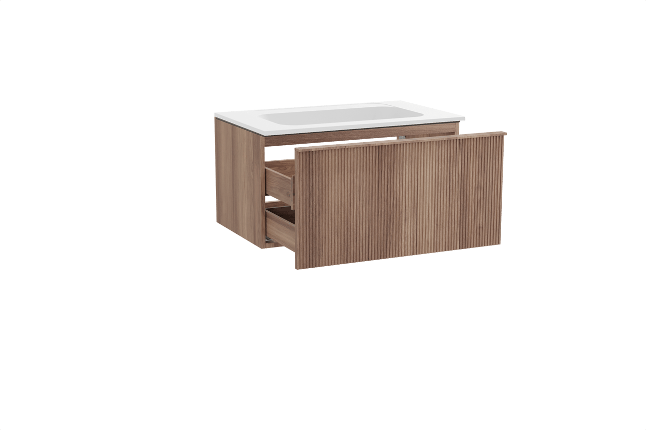 Balmani Forma hängendes Möbelstück Set: 90 x 55 cm, Teak, mit Tablo Strada Einzelwaschtisch, Marmorkomposit, Weiß matt, Vertikale symmetrische gerade Rippe