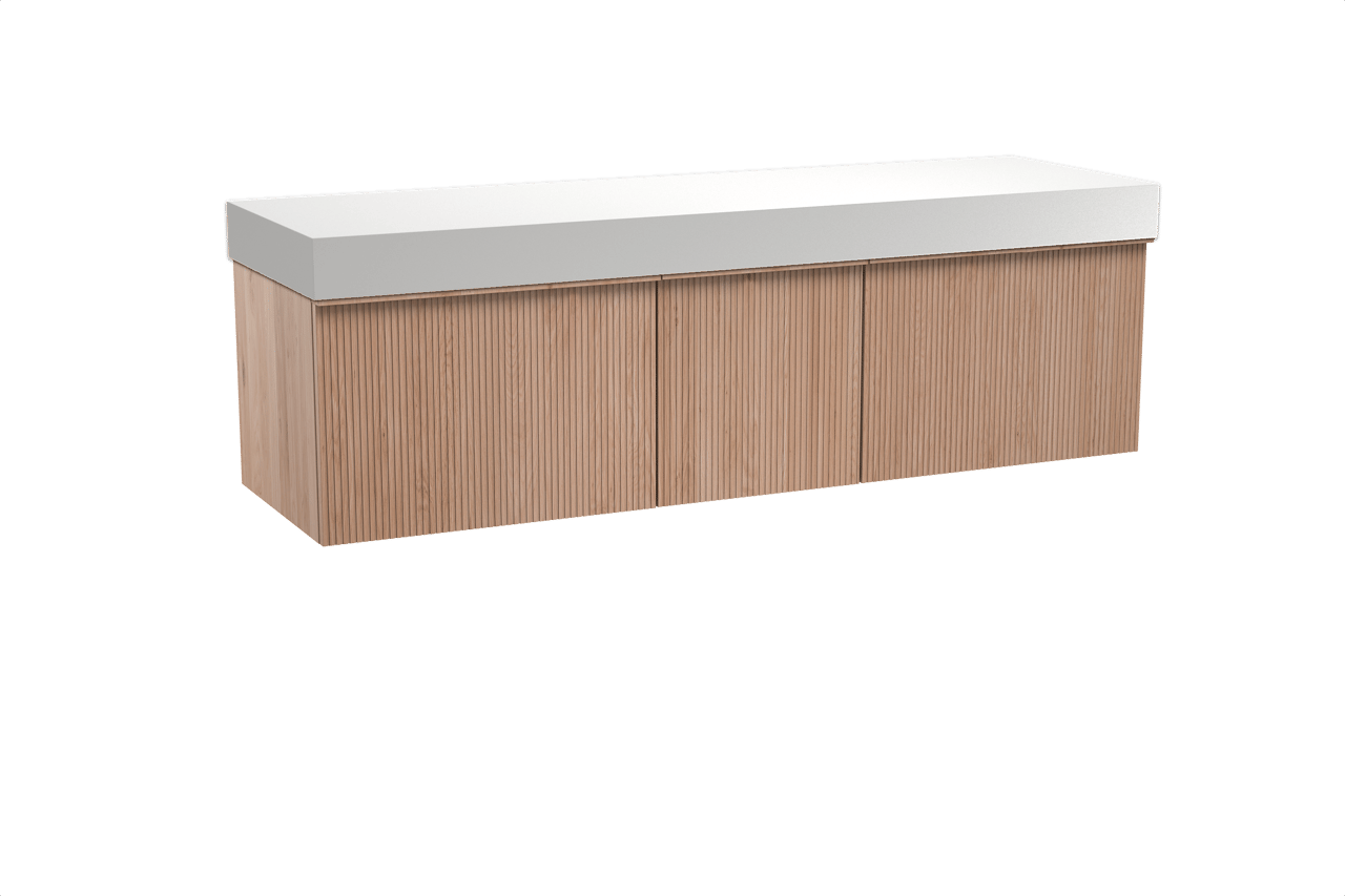 Balmani Forma hängendes Möbelstück Set: 180 x 55 cm, Naturbelassene Eiche, mit Dominus Einzel- oder Doppel Waschtischplatte, Solid Surface, Weiß matt, Vertikale symmetrische gerade Rippe