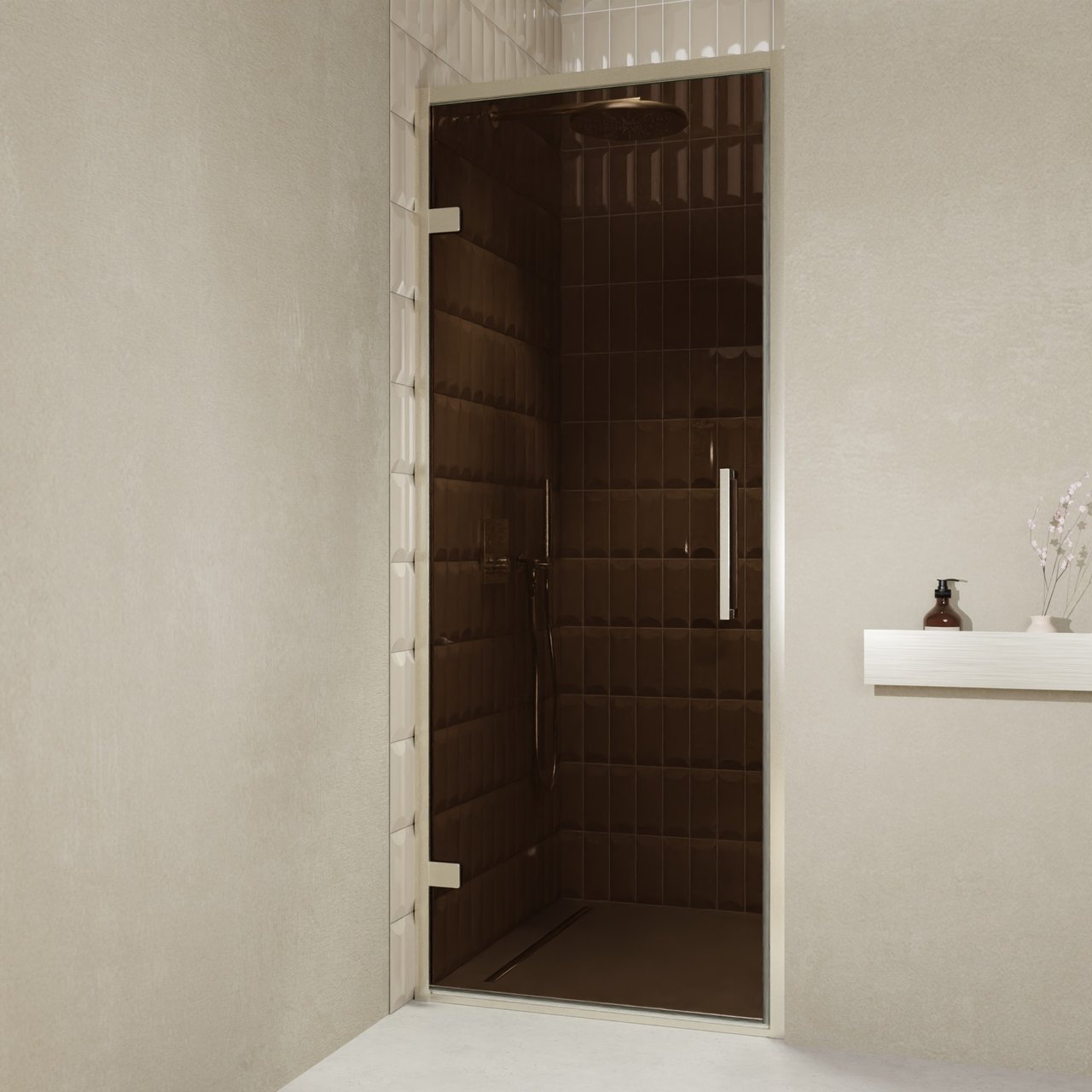 Balmani Senses Design douche draaideur links 90 cm x 210 cm Brons glas, Brushed CoolMetal profielen, met coating