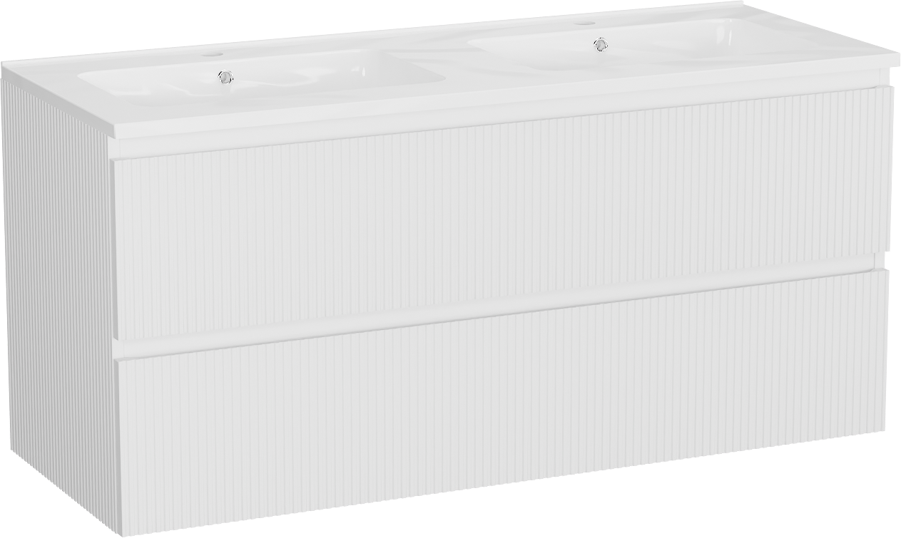 Linie Lado Ribs meuble salle de bains suspendu 120 x 46 cm blanc mat avec Vano double vasque en marbre composite blanc brillant, Nervure droite symétrique verticale