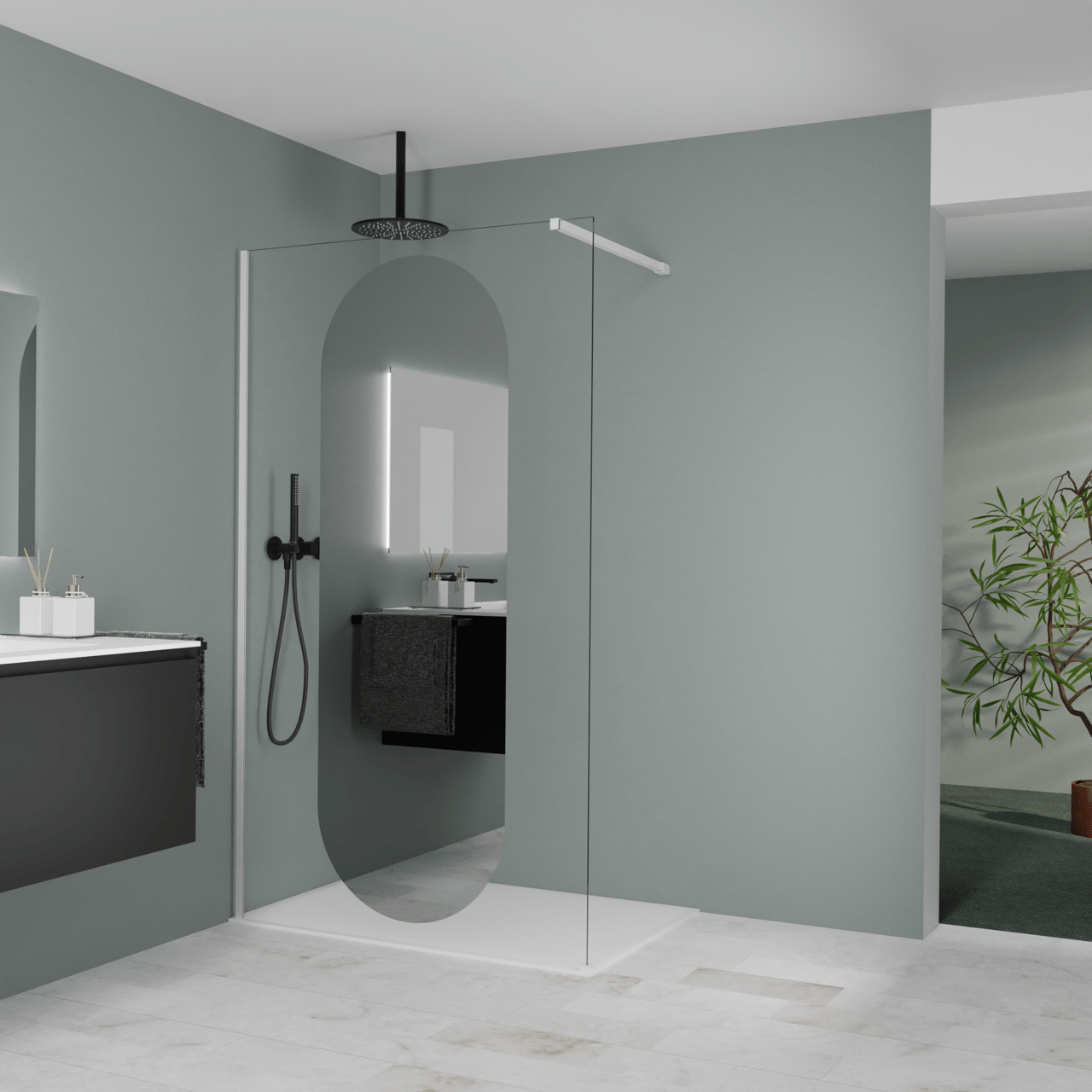 Balmani Modular douche à l'italienne: 120 x 200 cm, Miroir reflex ovale, Profil Blanc mat