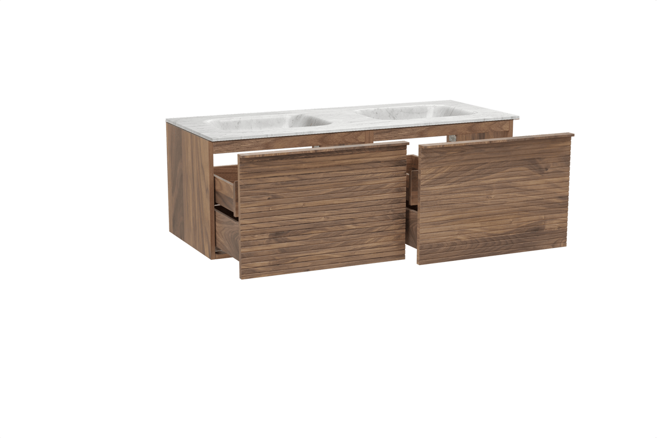Balmani Forma zwevend badkamermeubel 135 x 55 cm amerikaanse notelaar met Tablo Arcato dubbele wastafel in marmer carrara, Horizontale symmetrische rechte ribbel