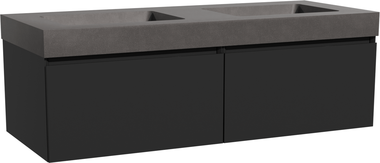 Storke Edge zwevend badkamermeubel 130 x 52 cm mat zwart met Scuro High dubbele wastafel in kwarts mat zwart