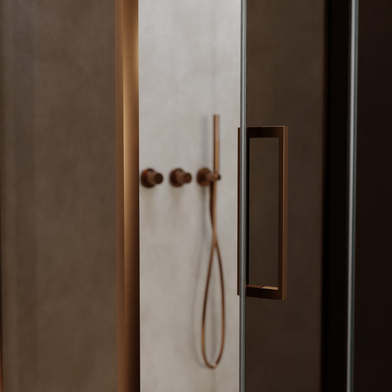 Balmani Senses Design douche en coin avec porte pivotante à droite et paroi latérale fixe, 100 x 100 cm, Bronze, Profil Brushed Rosegold, coating inclus, coating inclus