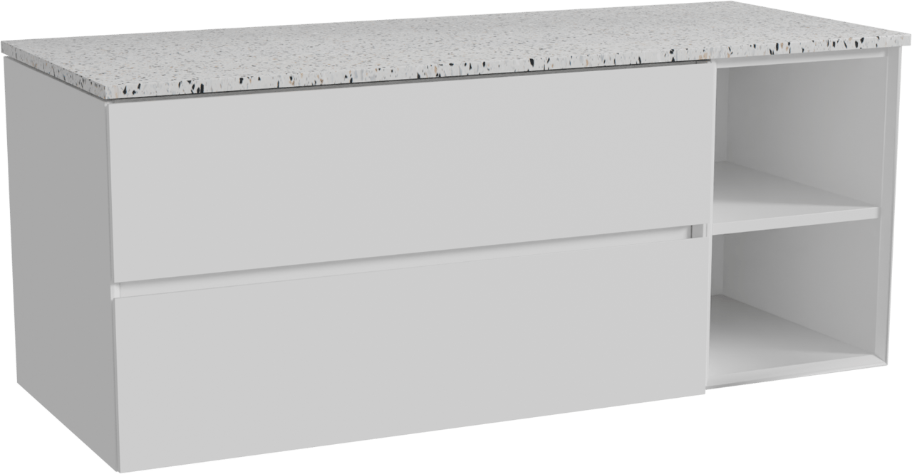 Storke Edge hängendes Möbelstück Set: 130 x 52 cm, Weiß matt, mit Tavola Einzel- oder Doppel Waschtischplatte, Terrazzo in Weiß/Schwarz matt