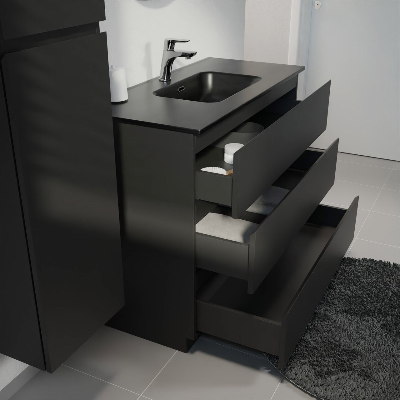 Linie Lado freistehendes Möbelstück Set: 100 x 46 cm, Schwarz matt, mit Baro Einzelwaschtisch, Porzellan Schwarz matt