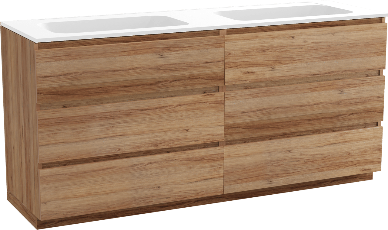 Balmani Lucida staand badkamermeubel 180 x 55 cm teak met Tablo Strada dubbele wastafel in composietmarmer mat wit