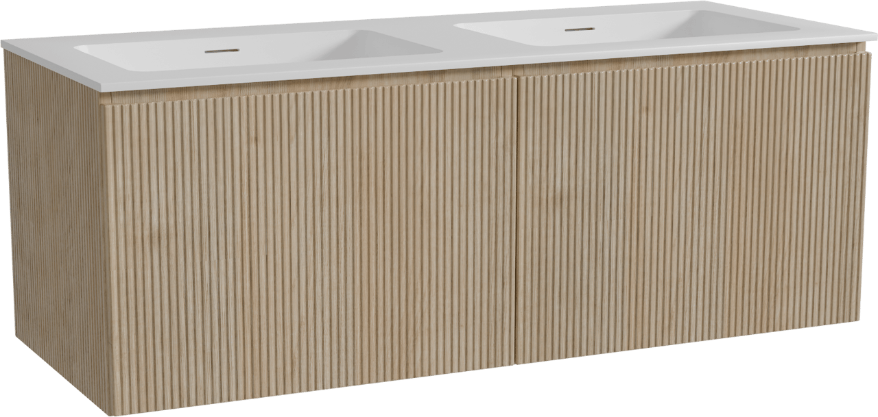 Storke Ribs zwevend badmeubel 130 x 52 cm ruw eiken met Mata dubbele wastafel in solid surface mat wit, Verticale symmetrische rechte ribbel