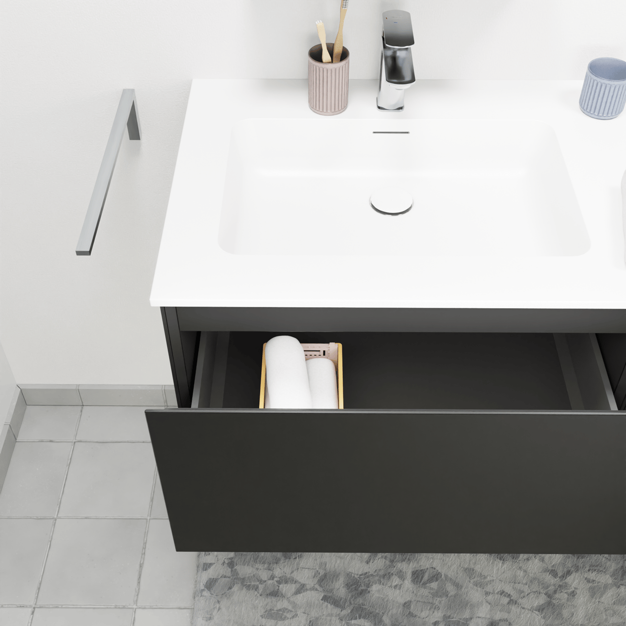 Storke Edge meuble salle de bains suspendu 110 x 52 cm noir mat avec Mata plan vasque asymétrique à droite en solid surface blanc mat