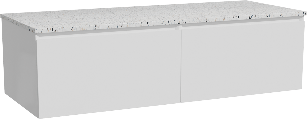 Storke Edge hängendes Möbelstück Set: 130 x 52 cm, Weiß glänzend, mit Tavola Einzel- oder Doppel Waschtischplatte, Terrazzo in Weiß/Schwarz matt