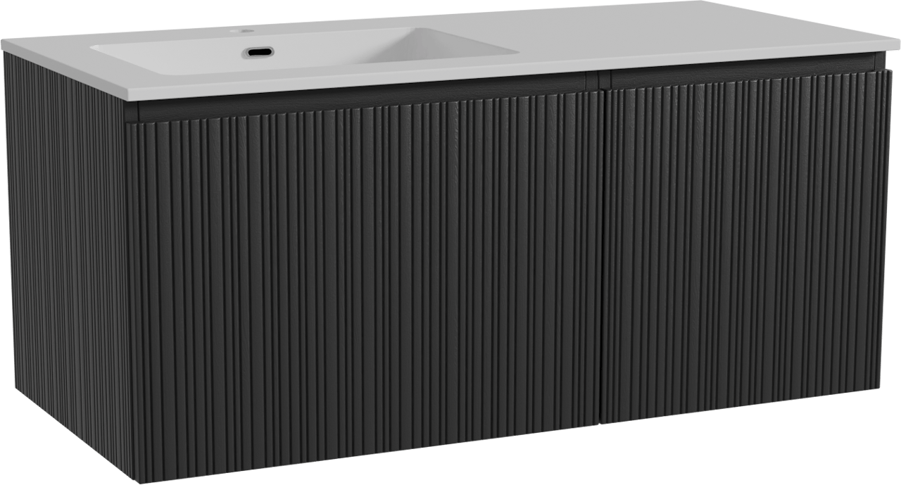 Storke Ribs zwevend badmeubel 110 x 52 cm zwart eiken met Diva asymmetrisch linkse wastafel in composietmarmer hoogglans wit, Verticale asymmetrische rechte ribbel