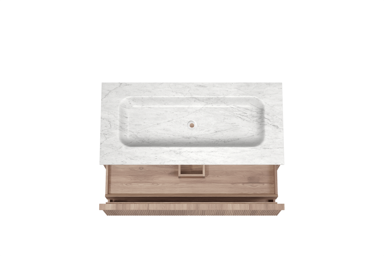 Balmani Forma zwevend badkamermeubel 120 x 55 cm teak met Tablo Arcato enkele wastafel in marmer carrara, Verticale symmetrische rechte ribbel