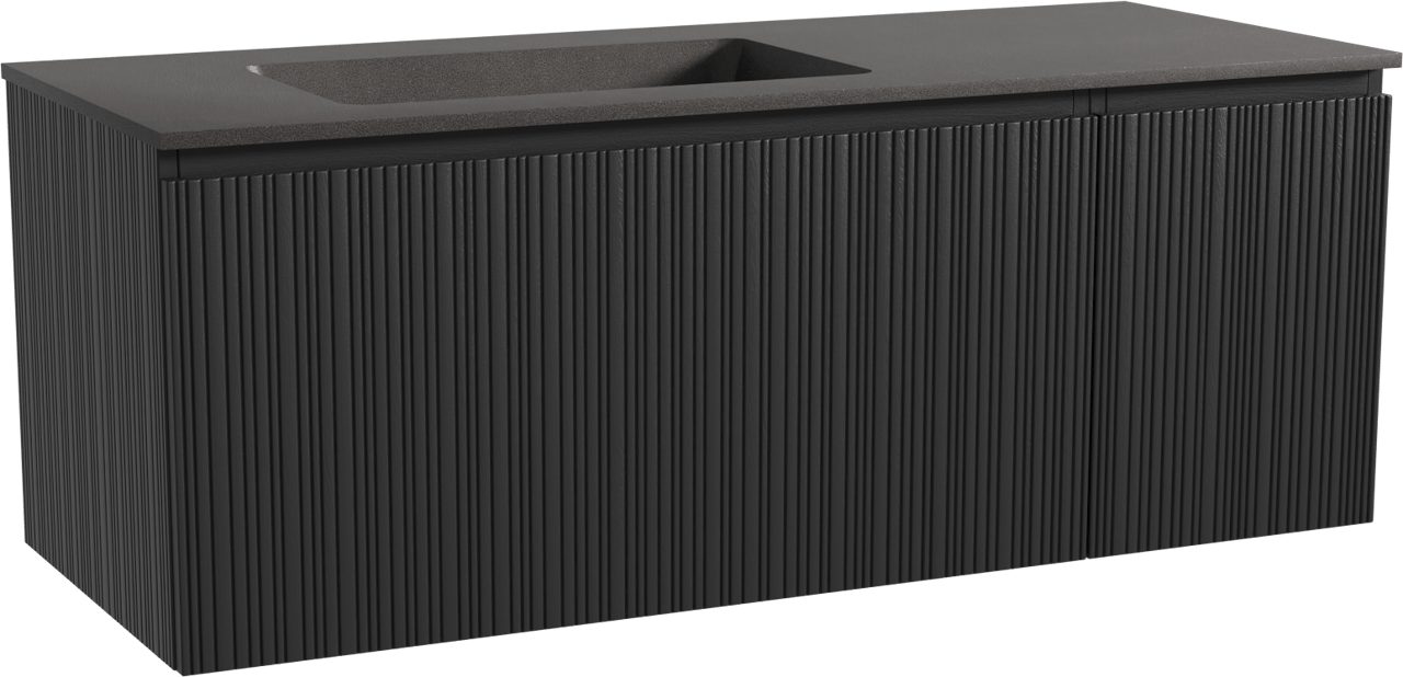 Storke Ribs zwevend badmeubel 130 x 52 cm zwart eiken met Scuro asymmetrisch linkse wastafel in kwarts mat zwart, Verticale asymmetrische rechte ribbel