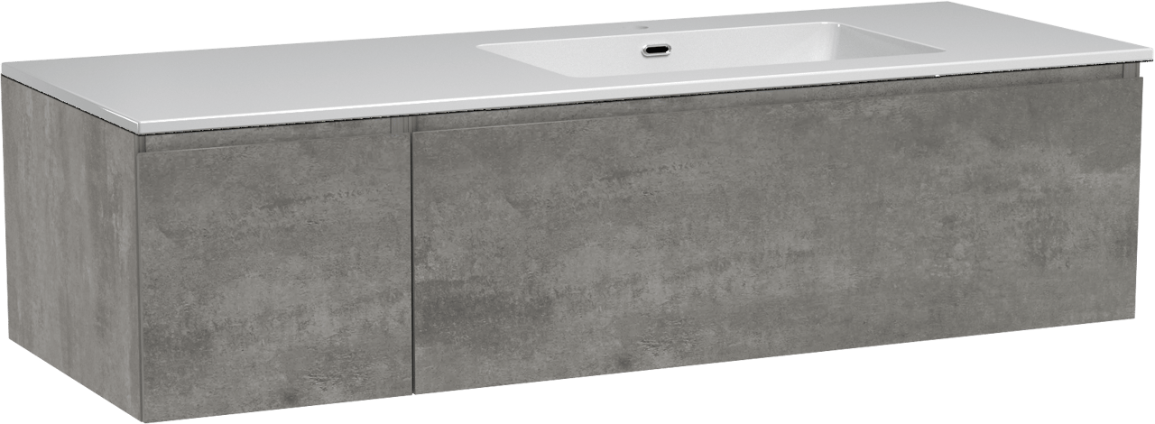 Storke Edge zwevend badkamermeubel 140 x 52 cm beton donkergrijs met Diva asymmetrisch rechtse wastafel in composietmarmer glanzend wit